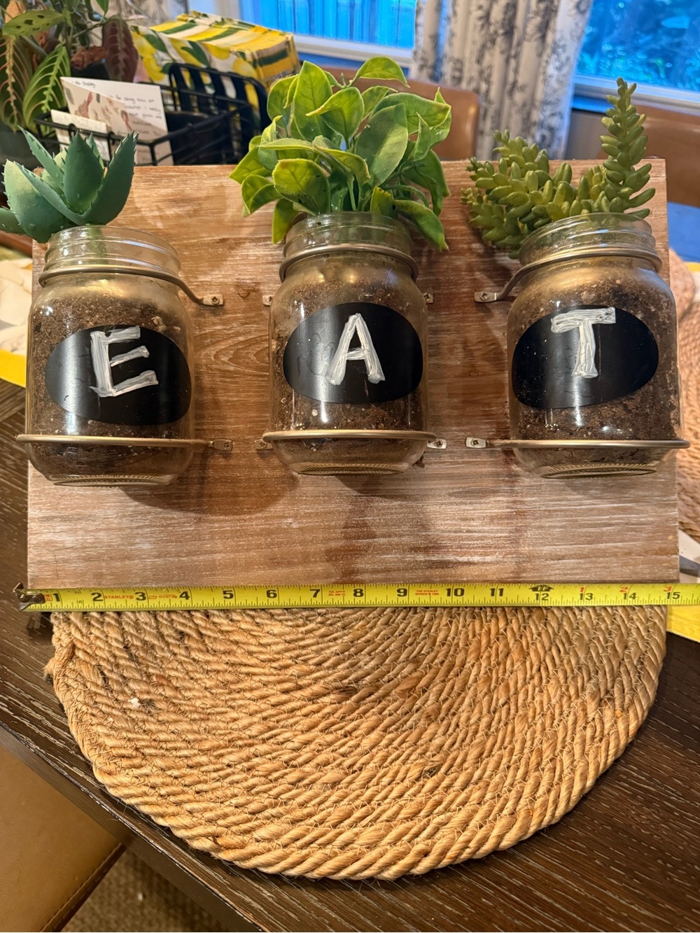 Mason Jar Wall Rack - Rustic 'EAT' Chalk Label Planters